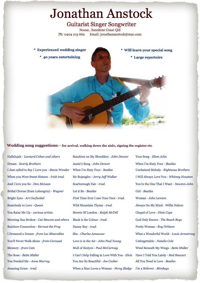 Noosa wedding singer, Noosa wedding reception roving minstrel, Noosa wedding reception master of ceremonies